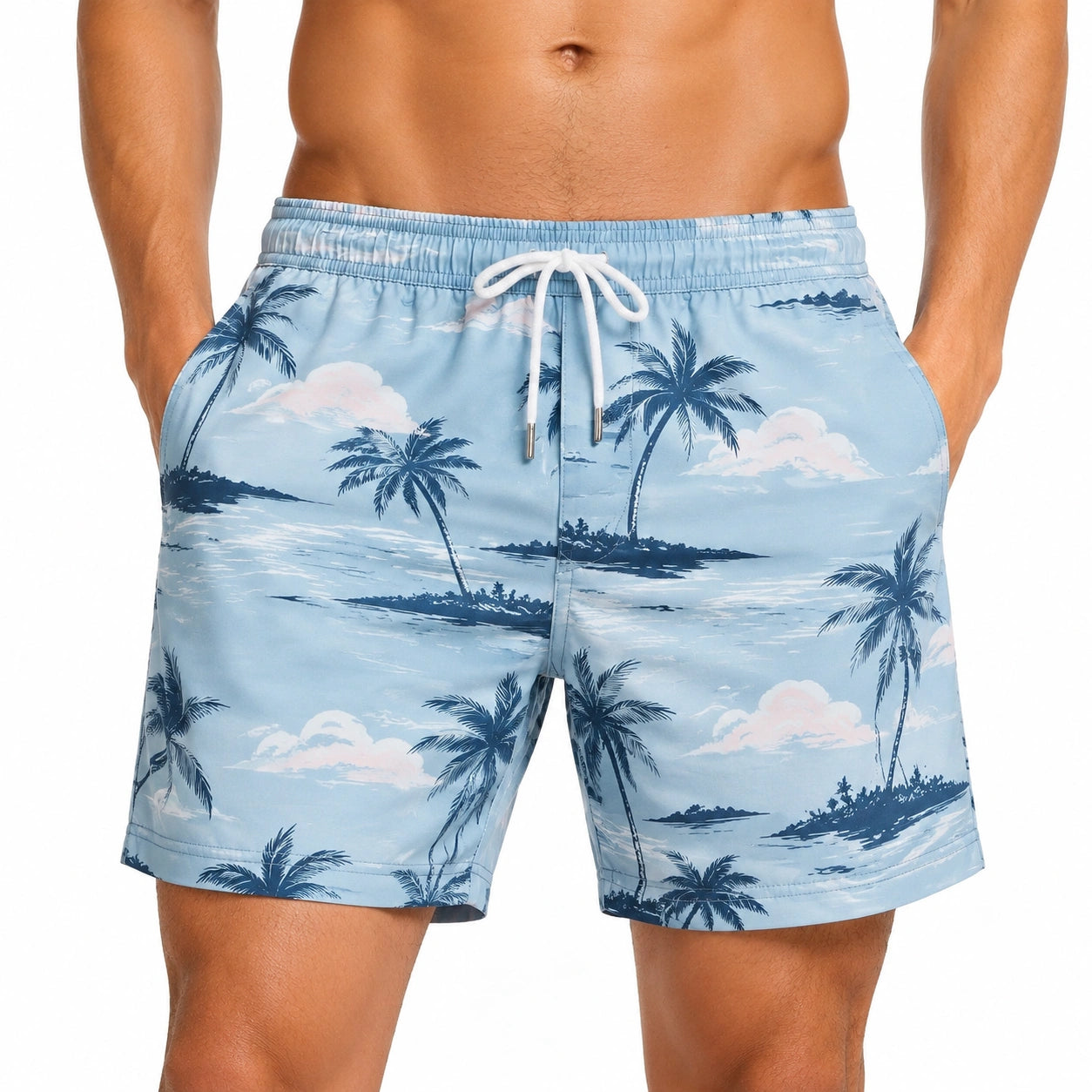 Herren Badeshorts L aus Synthetik Hellblau mit Palmenprint und Kordelzug
