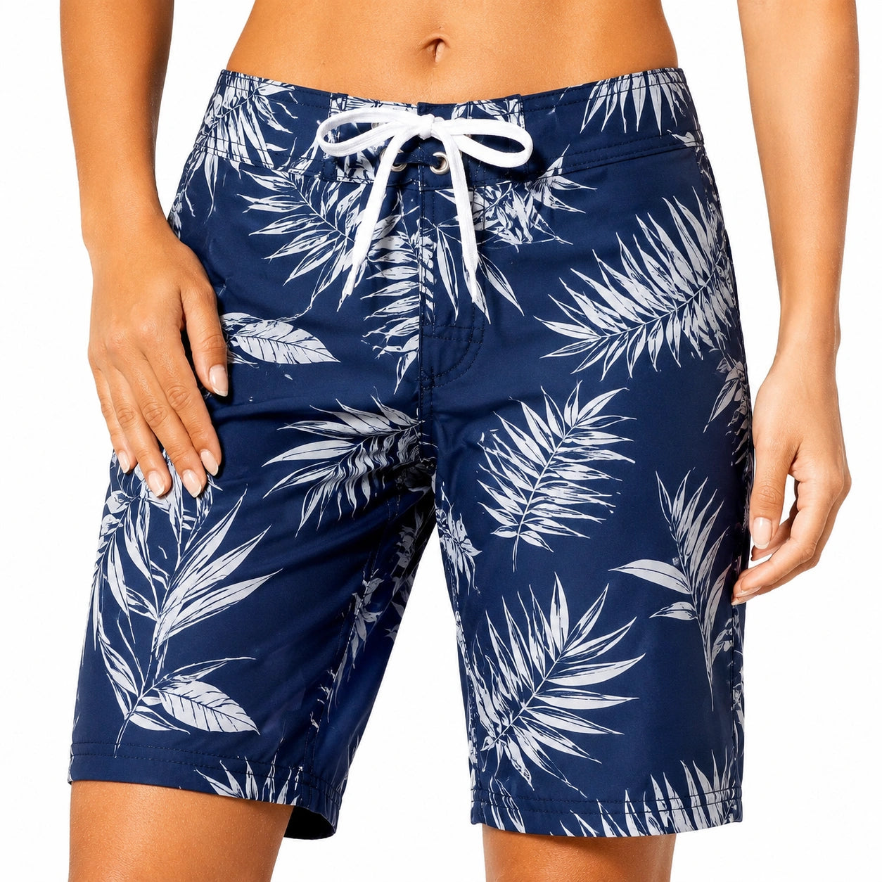 Damen Badeshorts L in Dunkelblau Weiß mit Blattmuster und Kordelzug