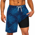 Badehose Herren XL aus Kunstfaser Blau Schwarz mit Blattmuster und Innenshort