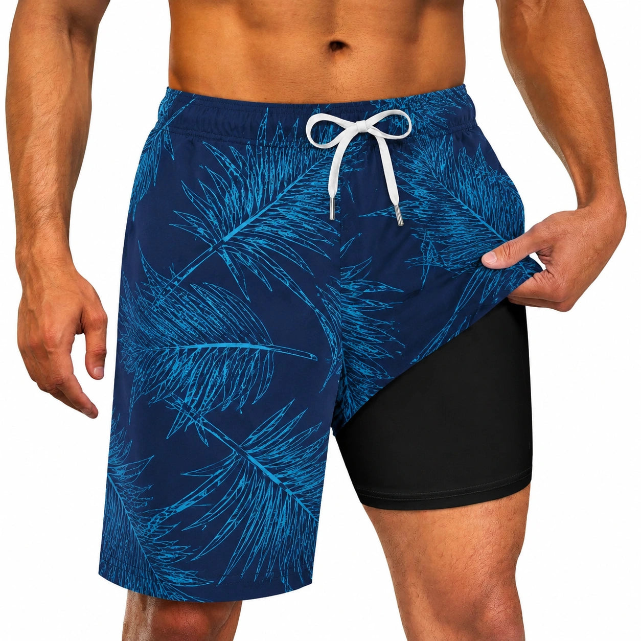 Badehose Herren XL aus Kunstfaser Blau Schwarz mit Blattmuster und Innenshort