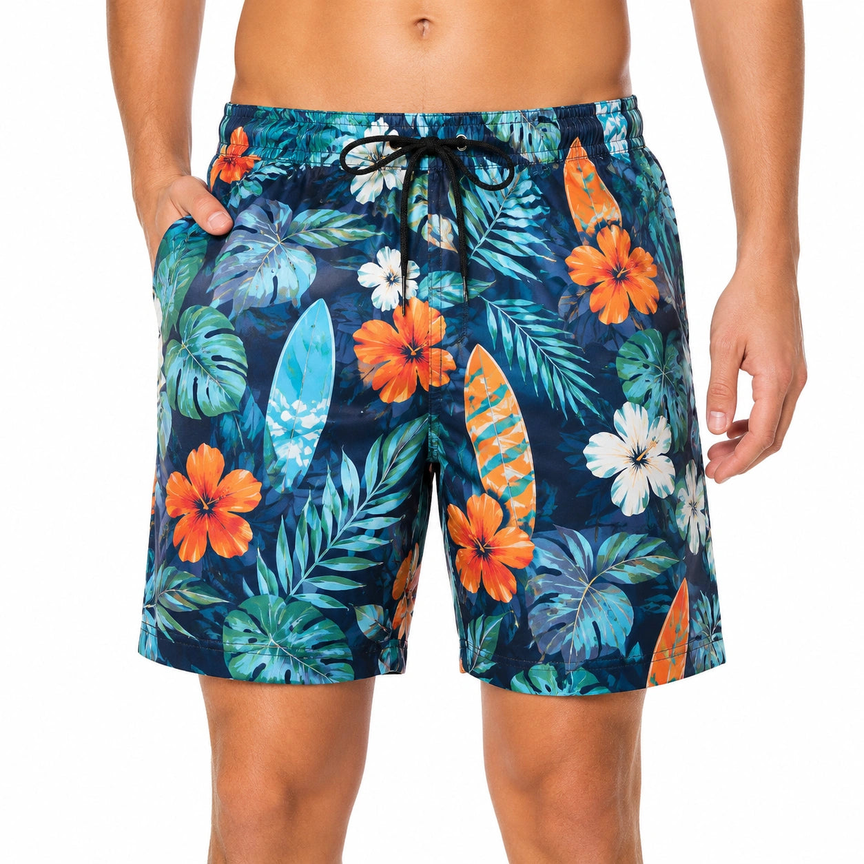 Herren-Badeshorts Größe M aus Textil in Blau-Grün-Orange mit Tropenmuster und Kordelzug