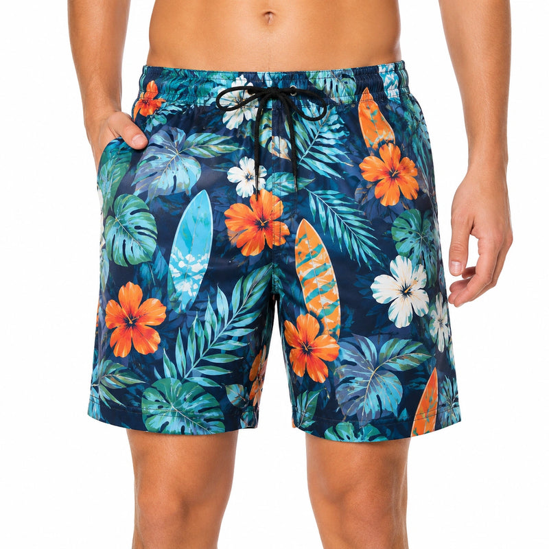 Herren-Badeshorts Größe M aus Textil in Blau-Grün-Orange mit Tropenmuster und Kordelzug