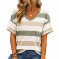 Damen T-Shirt Größe S Grün Beige Weiß gestreift mit V-Ausschnitt