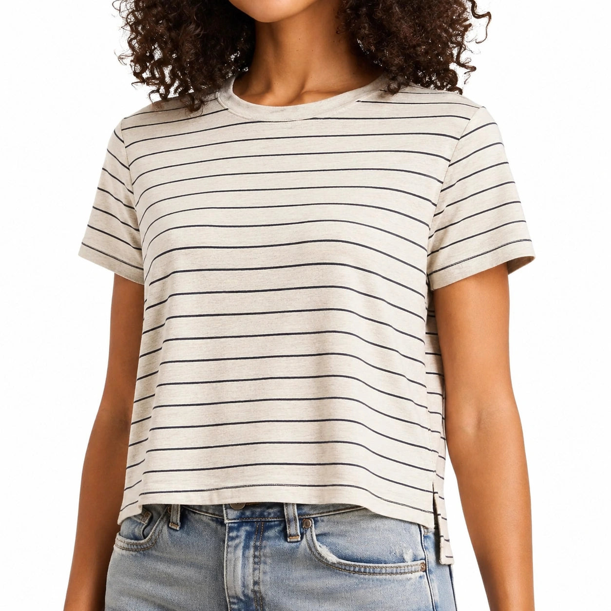 Damen T-Shirt Größe M aus Textil in Beige mit schwarzen Streifen