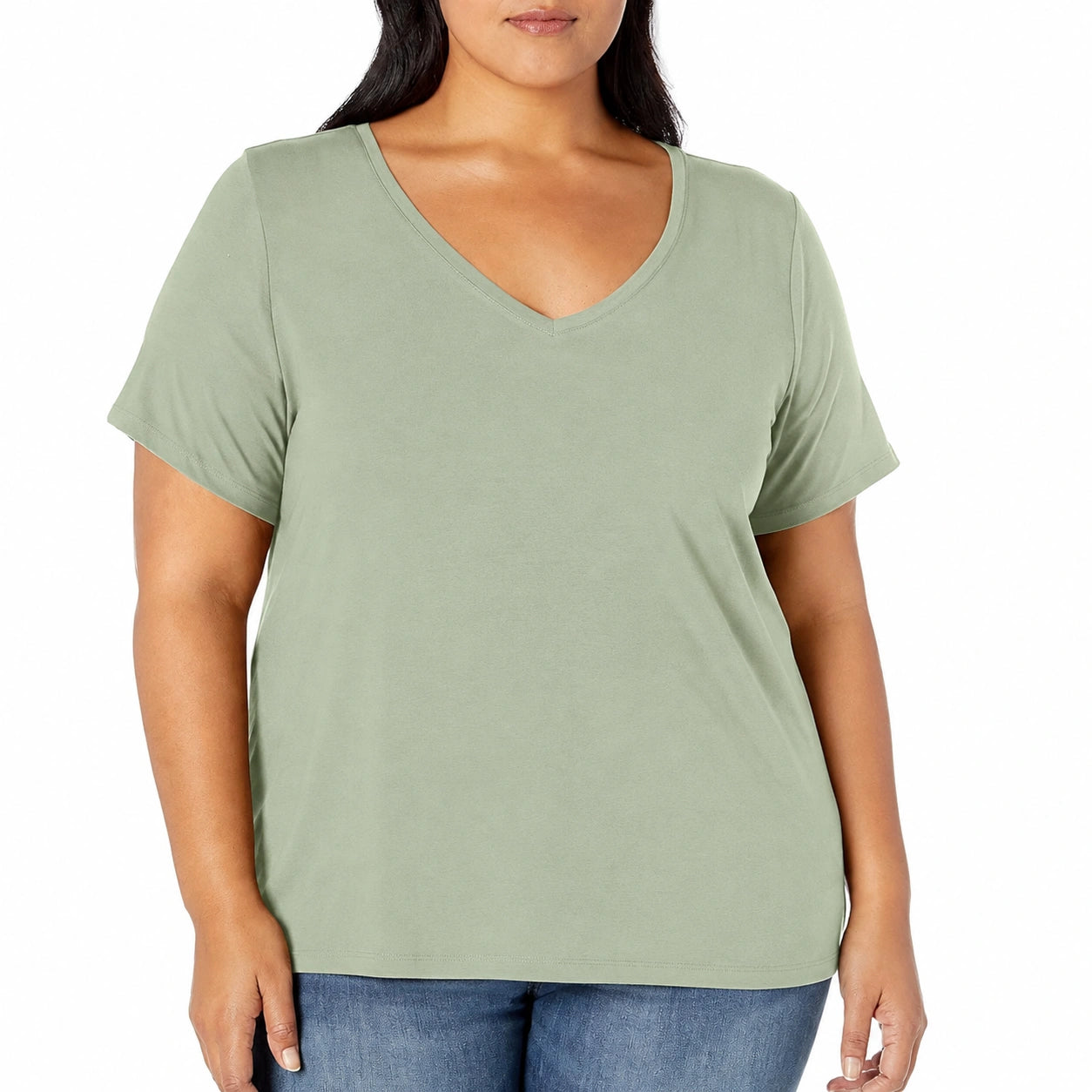 Damen T-Shirt Größe L Olivgrün aus weichem Textil mit V-Ausschnitt