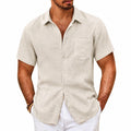Herren Kurzarmhemd L Beige in Leinenoptik mit Brusttasche
