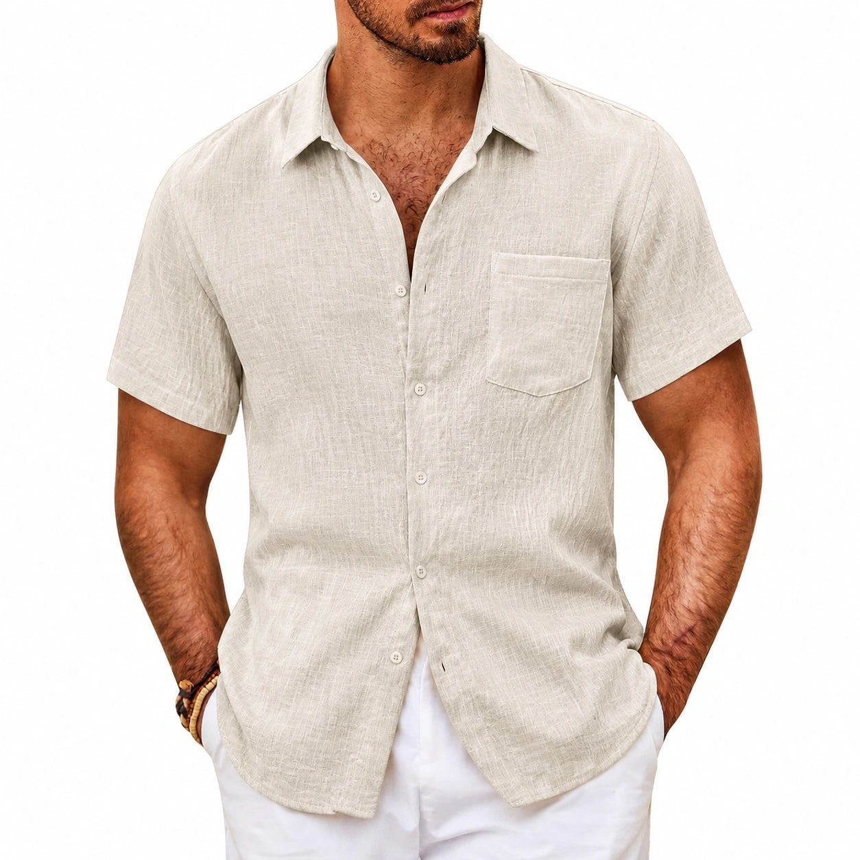 Herren Kurzarmhemd L Beige in Leinenoptik mit Brusttasche