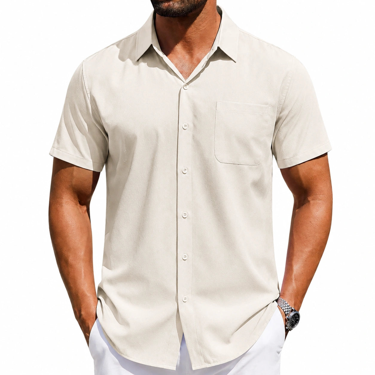 Herren Kurzarmhemd XL Creme mit Brusttasche leger