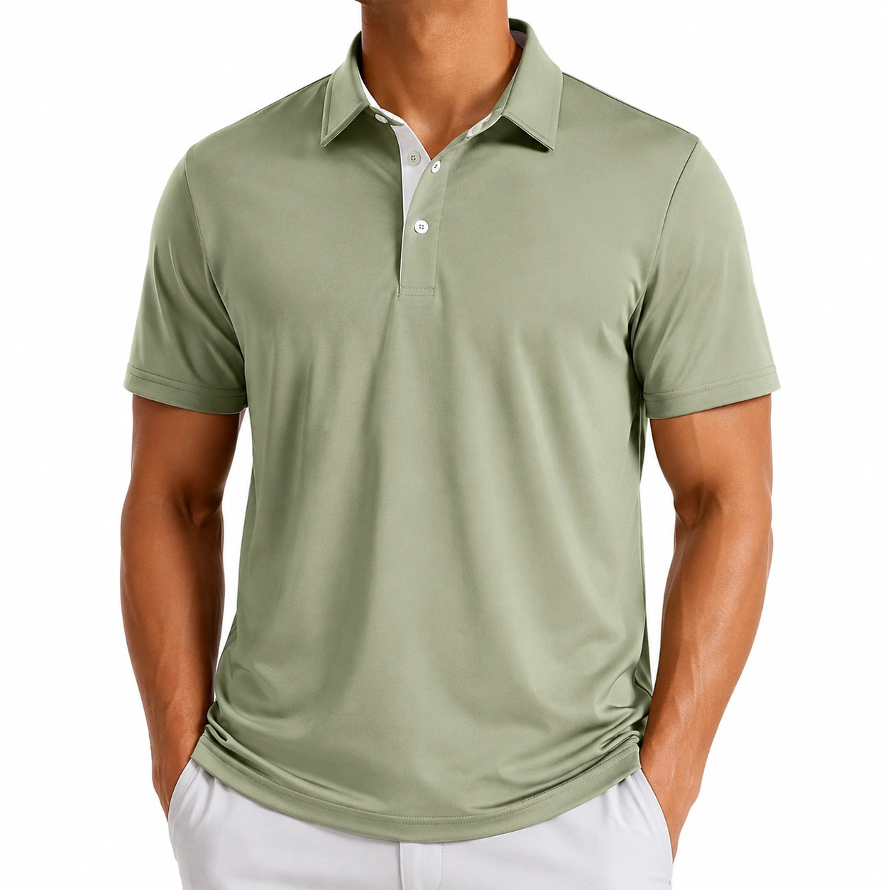 Herren Poloshirt L olivgrün aus Kunstfaser kurzarm sportlich