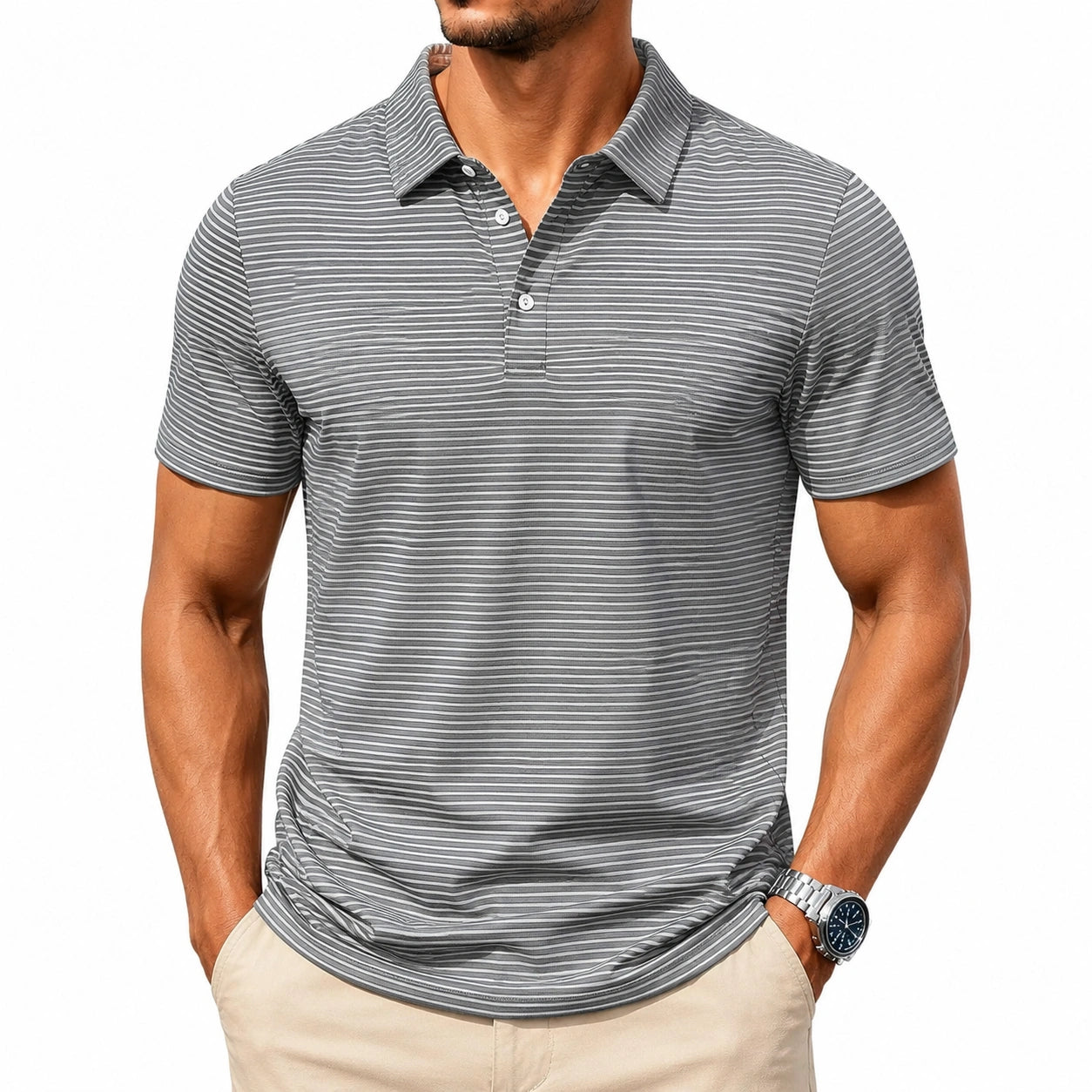 Herren Poloshirt XL Grau Weiß gestreift kurzarm mit Kragen