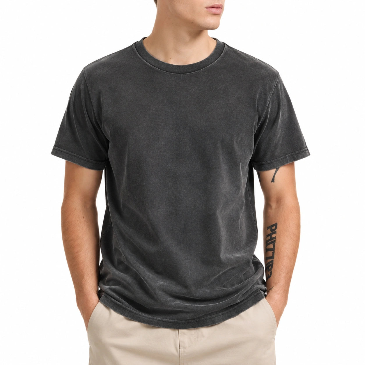 Herren T-Shirt M aus Baumwolle Schwarz im Vintage-Look Kurzarm