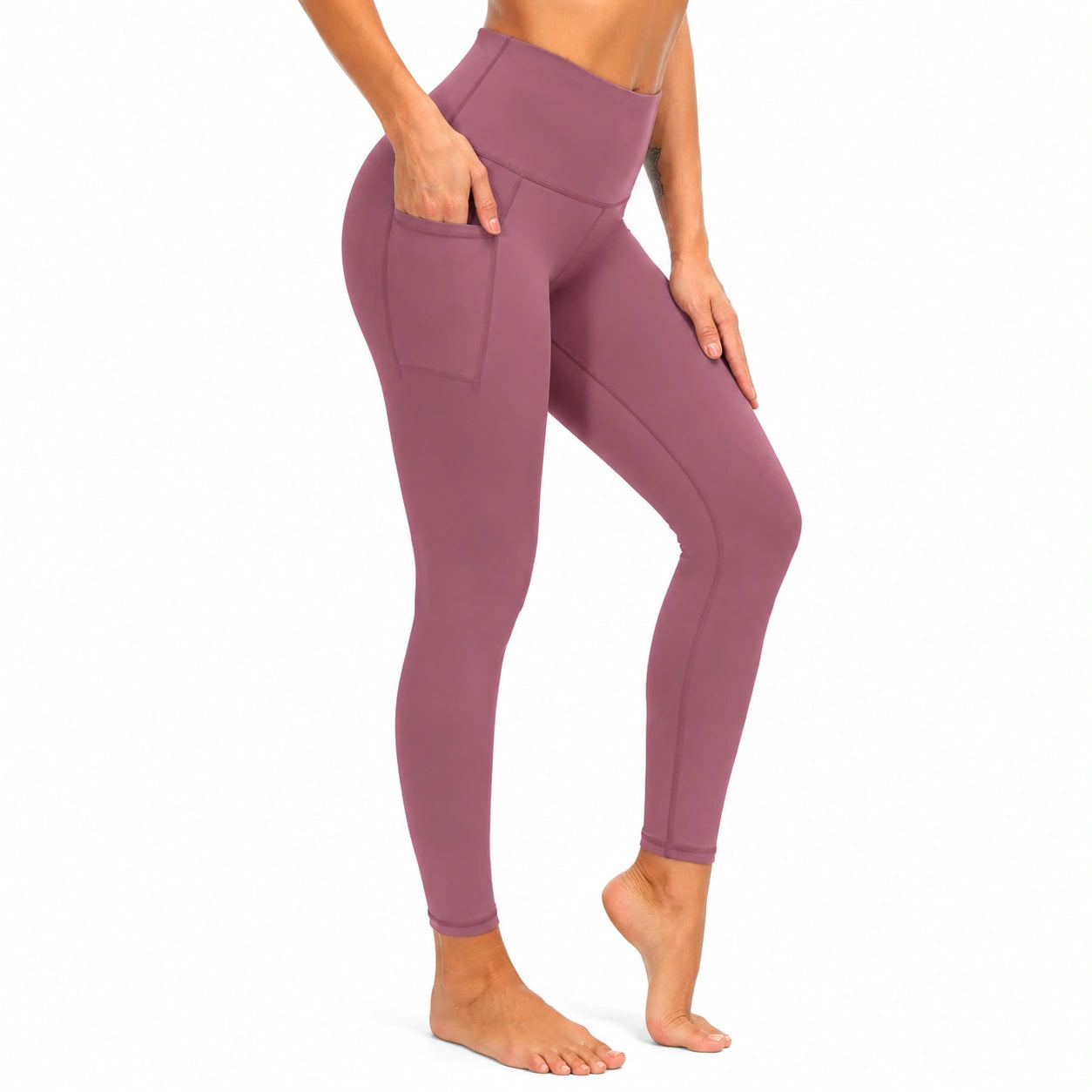Damen Leggings Größe L aus elastischem Synthetikgewebe Mauve mit hoher Taille und Seitentaschen