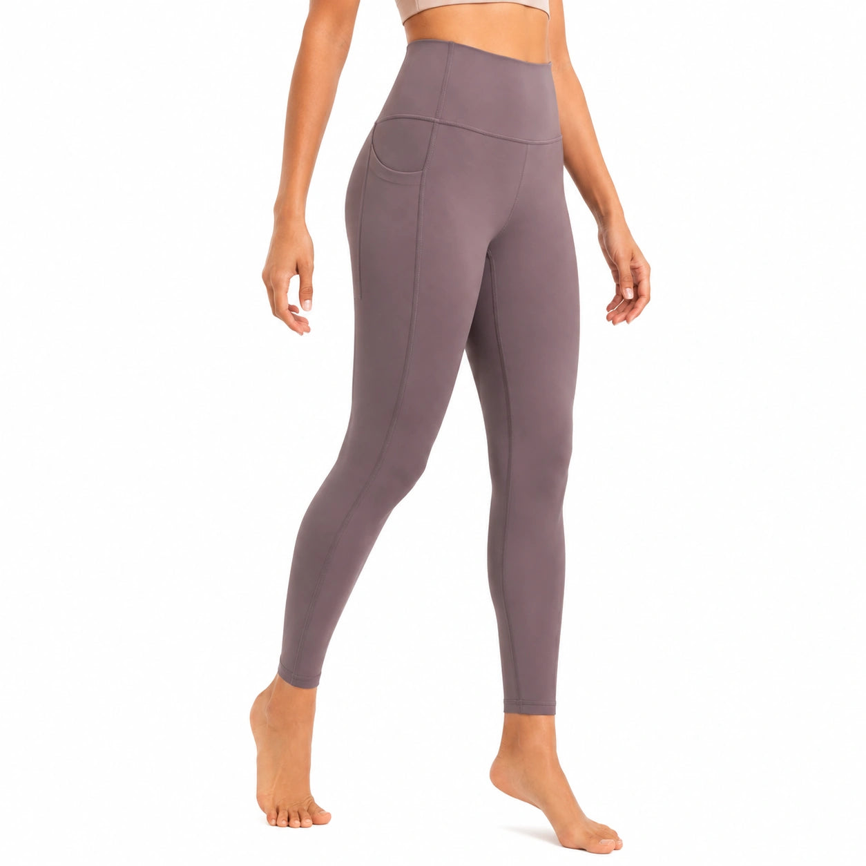 Damen Leggings Größe S aus elastischem Synthetikgewebe in Taupe mit hoher Taille und Seitentasche
