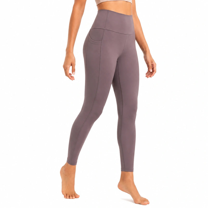 Damen Leggings Größe S aus elastischem Synthetikgewebe in Taupe mit hoher Taille und Seitentasche